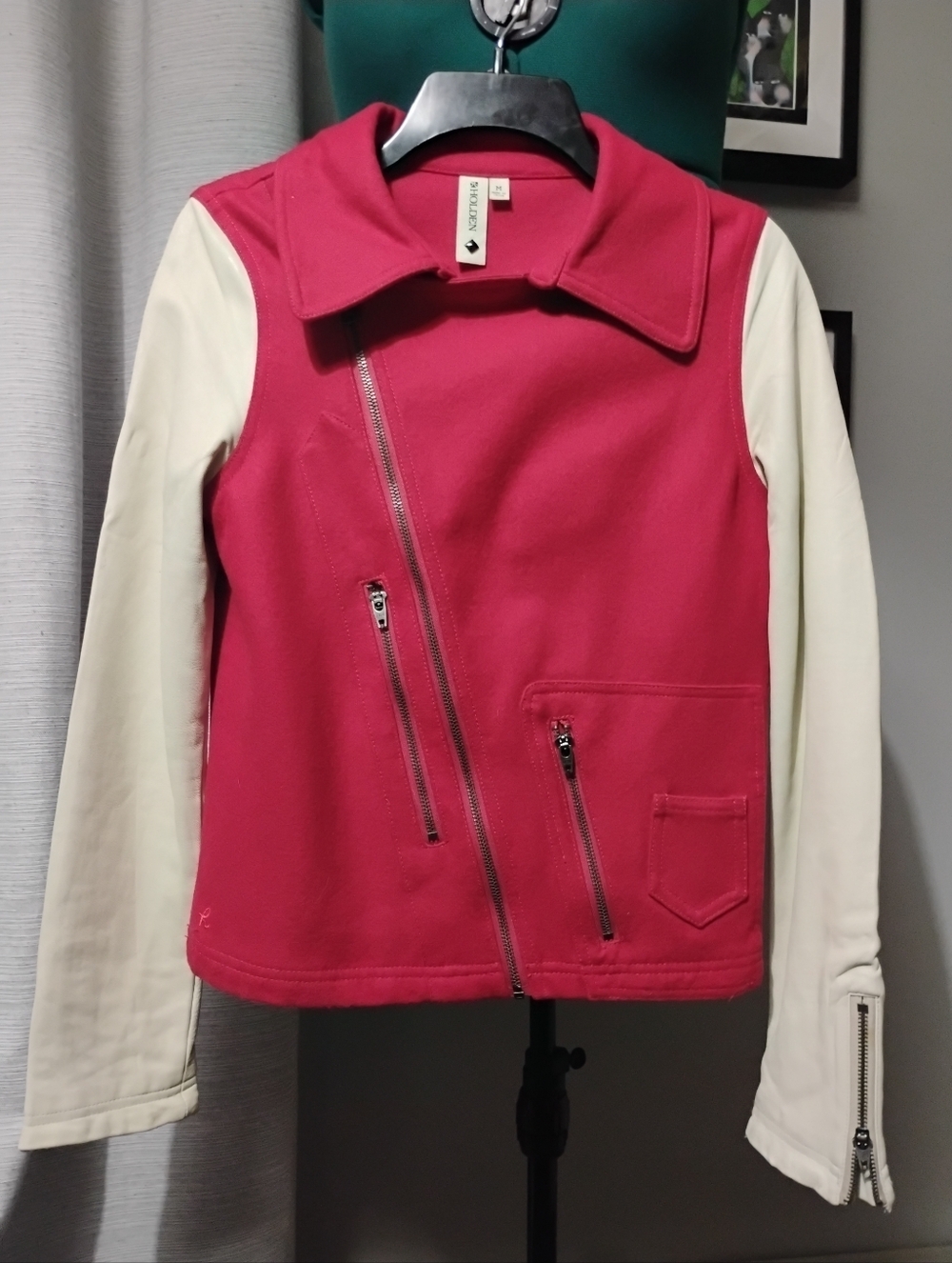 Holden Wool & Leather Varsity Style Moto Jacket in Red & Cream Sz M